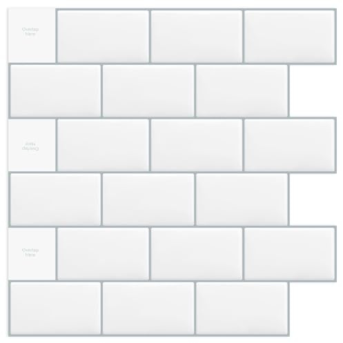 DEWOO White Peel and Stick Self Adhesive Wall Tiles Kitchen 10 Sheets | Self Adhesive,3d,Subway,Metro,Sticky,Bathroom,(12×12)