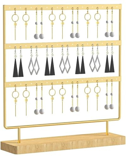 SIXHAOBU 60 Löcher Ohrring-Organizer, 3 Tier Ohrringständer mit Holzsockel, Schmuckständer Ohrringhalter, Ohrring Display Ständer für Hängende Ohrringe (golden)
