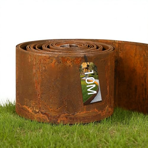 Rasenkante Metall 10 m x 15,5 cm Cortenstahl Beeteinfassung Beetumrandung Rostoptik Rasenkanten, Biegbare Rasenkante für Rasen, Beete, Kiesflächen und Wege (rostoptik 10 m)