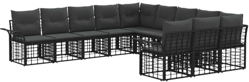 vidaXL Outdoor-Sofagarnitur 11 pcs Schwarz und Dunkelgrau Polyester, Moderner, modularer Aufbau, wetterfester Sofaset, Gartenmöbel, Lounge für Terrasse, Veranda, und Patio