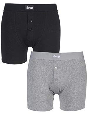 Jeep Men’s Plain Cotton Fitted Button Front Boxer Shorts, Underwear for Him, Stretch Fit Boxer Trunks, Solid Black and White, Sizes Small to X-Large Pack of 2