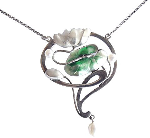 Collier Seerose Damen 925 Silber Email Perlen Jugendstil