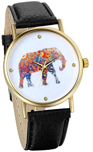 JewelryWe Damen Armbanduhr, Elegant Charm Analog Quarz Leder Armband Uhr mit Bunt Elefant Zifferblatt, Schwarz