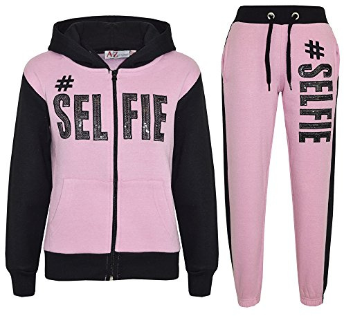 A2Z 4 Kids Girls Tracksuit Hooded Sweatshirt Top Bottoms Comfortable Gym Jogging Suit - T.S SELFIE Baby Pink Black 7-8
