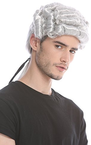 WIG ME UP - DH1126-ZA63A Barocke Herren Perücke Edelmann Lord Richter Hofkomponist Dichter Silbergrau grau lockig Langer Zopf