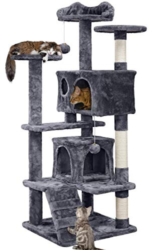 Yaheetech 54in Cat Tree Tower, 2 Caves, Kitten-Ear Perch & Scratching Posts