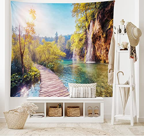 ABAKUHAUS Natur Wandteppich, Idyllischer Wasserfall am See, Wohnzimmer Schlafzimmer Heim Seidiges Satin Wandteppich, 200 x 150 cm, Blau und Grün