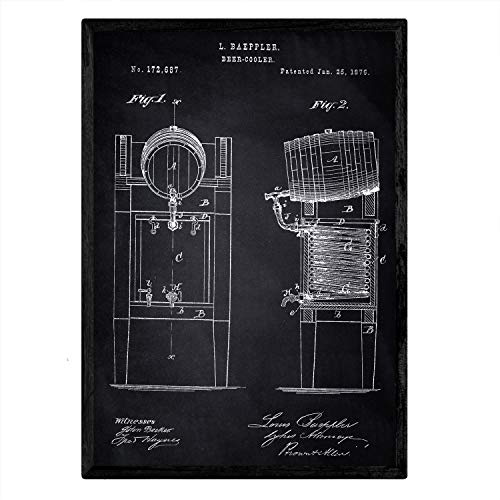 Nacnic Patent Poster mit Bier Kühlschrank. Blatt mit altem Design-Patent A3-Format mit schwarzem Hintergrund