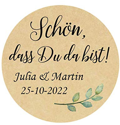 48 PERSONALISIERT 40mm Grünpflanze KRAFT Aufkleber - Schön, dass du da bist! Hochzeitssticker Papieraufkleber für Hochzeit Gastgeschenke, Etiketten für Tischdeko,Tüten, Briefen, Einladungen - Rd 307