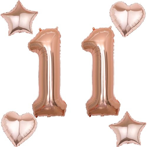 2 Luftballons Zahl 11 rosegold+4 pcs herz/stern Folienballon 11 .Geburtstag Deko mädchen rosegold ,40 Luftballons 11 .geburtstagsdeko mädchen 11 jahre,ballon 11. geburtstag deko (rosegold 11)