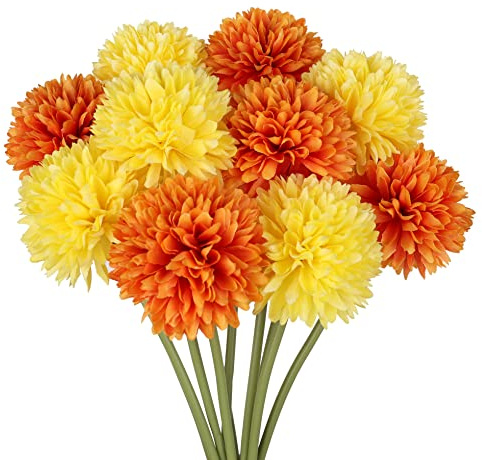 Louiesya Artificial Flowers, 10Pcs Fake Flowers Silk Artificial Chrysanthemum Ball Hydrangea Bridal Wedding Bouquet for Home Garden Party Wedding Decor (Yellow,Orange, 10 Pcs)