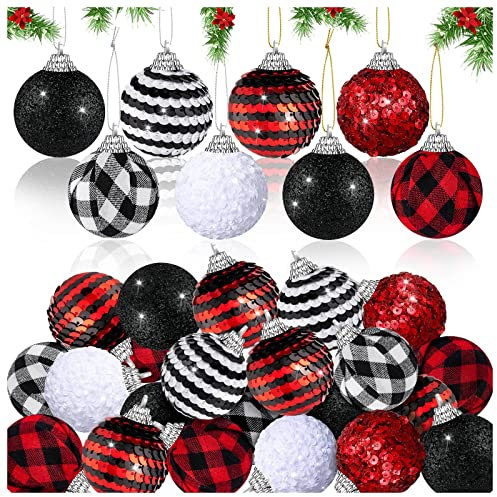48 Stück Weihnachtskugel-Ornamente, 50 mm, hängende Glitzer-rustikale Kugel-Ornamente, Weihnachtsbaum-Dekoration, Stoffkugel mit Seil zum Aufhängen für Zuhause, Urlaub, rot, weiß)