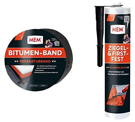 MEM Bitumen-Band, Selbstklebendes Dichtungsband, UV-beständige Schutzfolie, 1,5 mm, 7,5 cm x 10 m, Schwarz & Ziegel- und Firstfest, Lösemittelfreier Bitumenkaltklebestoff, Dunkelbraun, 445 g