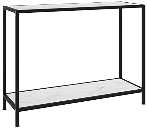 Homiuse Table console blanche 100 x 35 x 75 cm – Verre trempé – Table d'appoint, table de bar, buffet pour salon – Étagère murale en métal Console étroite – Aspect marbre