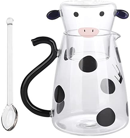 Jarra de Agua de Vidrio,550/1800 ML Linda Jarra de Jugo Frío de Vaca Jarra de Vidrio con Vaso De Vidrio,Jarra De Hervidor De Agua para Jugo de Fruta Té Helado Leche Botella de Agua Fría(S)