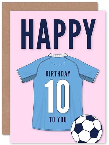 Artery8 Soccer Football 10th Birthday Card for Boys Girls Sky Blue Jersey Football Top on Pink Background