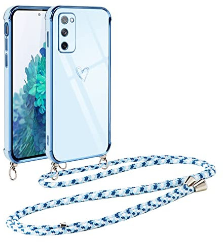Vauki Handykette für Samsung Galaxy S20 FE 5G Hülle mit Band, Handyhülle mit Kette, Herz Motiv, Ultra Dünn Stoßfeste Aesthetic Case mit Kordel zum Umhängen für Samsung S20 FE 5G 6.5 Zoll, Blau
