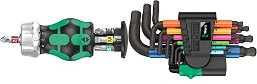 Wera 05008884001 Kraftform Kompakt Stubby Magazine RA 2, Stubby Ratchet Screwdriver with Bit Magazine, 6 Pieces & 05133164001 950/9 Hex-Plus Multicolour 2 L-Key Set