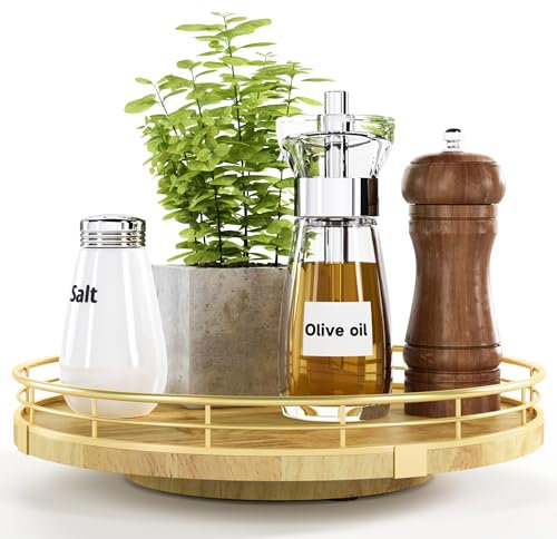 AMH Decorative Tray for Home Decor - Natural Oak Wood & Metal - Rotating Tray - 12 Inches