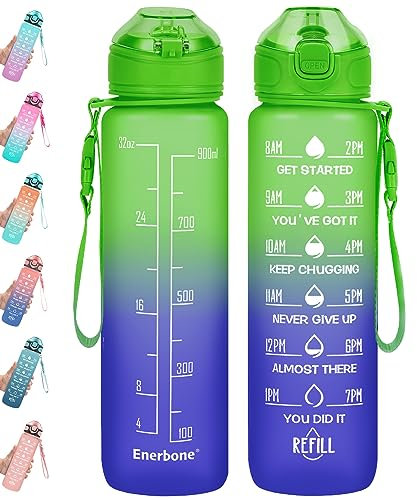 Enerbone 32 oz Water Bottle with Times to Drink and Straw, Motivational Drinking Bottles Carrying Strap, Leakproof BPA & Toxic Free, Ensure You Enough for Fitness Gym Outdoor Giant