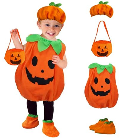 GothicBride Kürbis Kostüme Halloween 4 teiliges für Kinder Kürbis Cosplay mit Kürbis Top | Hüte | Süßigkeitentasche | Schuhe für Karneval Party Kleidung Weihnachtsgeschenke (S)