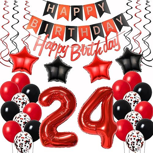 Luftballons 24. Geburtstag Deko Frauen Rot Schwarz, Geburtstagsdeko 24 jahre Frauen happy birthday 24 Frauen dekoration Rot deko 24. Geburtstag Frauen Schwarz ballons 24 Geburtstag Frauen