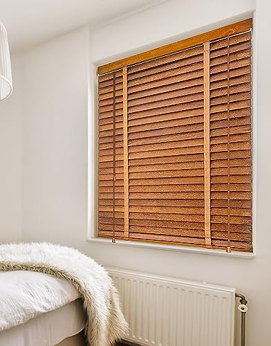 BOTOWI Holz Jalousie Holzjalousie 5cm Lamellen Rollo Massivholz, Fenster Rollos für Innen, Innenjalousien Jalousien, Gefiltertes Licht Fenster Jalousien Innen, 60~140cm,Braun,140Wx160L(cm)