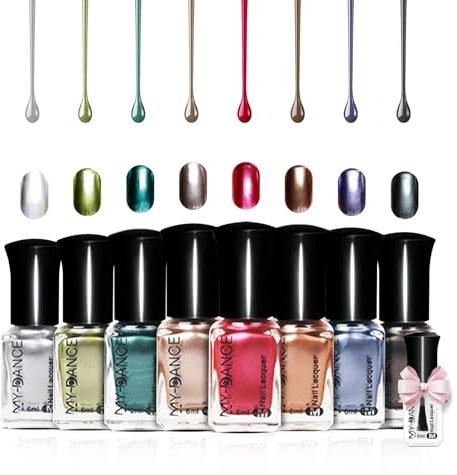 8 Colors Metallic Nail Polish Set, Gireatick Magic Mirror Effect Nail Varnish Kit with 2 in 1 Base Coat Top Coat - 9pcs