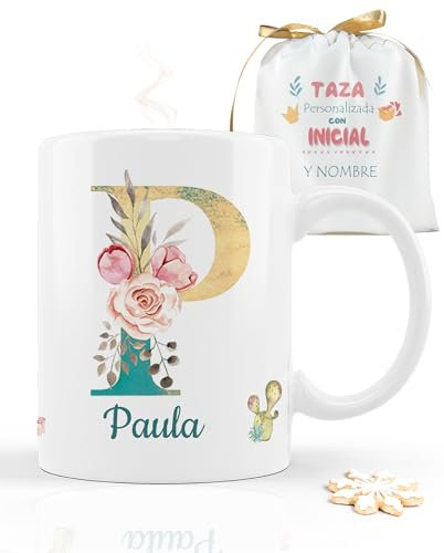 Taza con inicial y nombre personalizada es un regalo ideal para una mama amiga profesora novia pareja todas las letras del abecedario con motivo de flores (P)