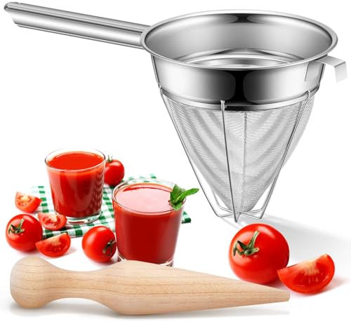 SiliFine Stainless Steel Reinforced Bouillon Strainer Sieve Strainer Cone Fine Mesh Strainer with Handle and Wood Pestle for Kitchen Food Cooking (8 Inch)