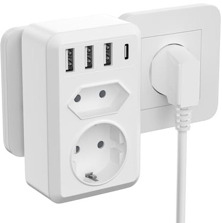 2 Fach Mehrfachsteckdose, NGUUIQC Doppelstecker für Steckdose, Mehrfachstecker mit 1 Europäische und 1 AC-Steckdosen, Steckdosenadapter mit 3 USB-A und 1 Type-C für Büro, Heim, Reise, Weiß