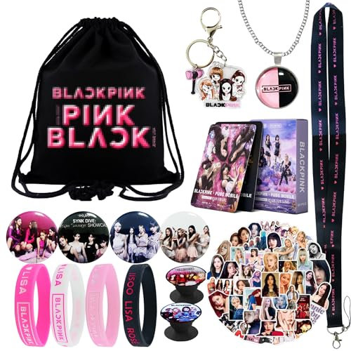 Merch Coffret Cadeau, avec Sac à Cordon de Serrage, Autocollants, Porte Bague de Téléphone, épingles, Bracelet, Cartes Lomo, Collier, Porte Clés, pour Fille Cadeau d'anniversaire Rose