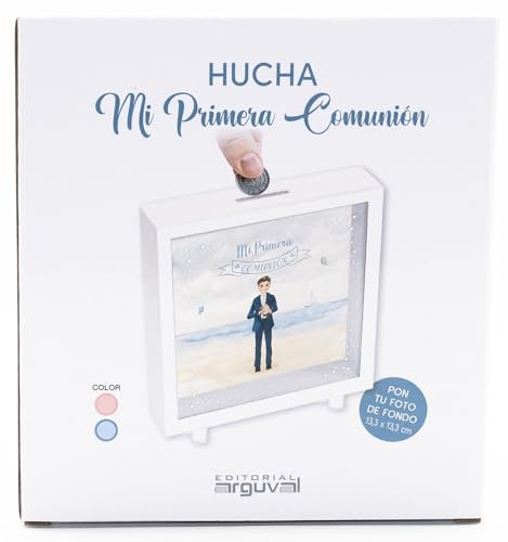 Hucha Cuadrada Primera comunion niño, de Madera,Color Blanca,en el Interior con Cristal por ambas Caras, para Personalizar con la Foto del niño, Medidas 15 x 15 x 5 centimrtros