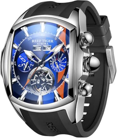 REEF TIGER Top-Marke Tank-Track-Sport-Gummi-Uhr für Herren, Tourbillon, analog, kompletter Kalender, Automatikuhren, RGA3069-Track, Rga3069track-ylb, Armband