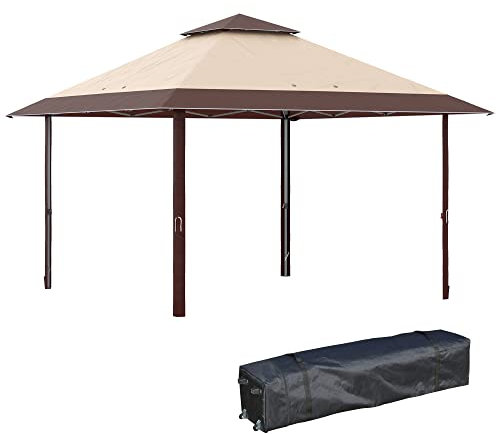 Outsunny Carpa Plegable 4x4 m Cenador de Jardín con Doble Techo Altura Ajustable en 3 Niveles y Bolsa de Transporte Impermeable Anti-UV Gazebo para Exterior Fiestas Bodas Caqui y Café