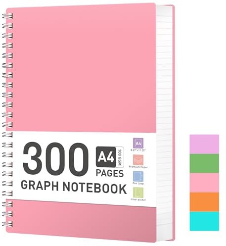 RETTACY Notizblock A4 Kariert, Spiralblock Notizbuch 100gsm mit 300 Seiten/150 Blatt zum Zeichnen, Kunststoff PVC Hardcover, zum Tagebuch, College,Konferenz, Reise, 21.5 x 27.9cm -Rosa