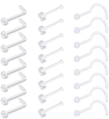 FDCGAS Piercing al Naso - 24 PCS Kit Piercing Trago in Plastica Trasparente Fermo per Piercing Septum Lip Naso Stud Sopracciglio Helix Orecchio Tragus Horseshoe Industrial Piering Gioielli