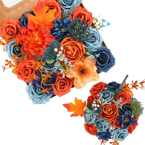 Kisflower Orange-blaue künstliche Blumen, kombinierte künstliche Rosen, künstliche Dahlie mit Stielen für selbstgemachte Hochzeit, Brautstrauß, Party, Heimdekorationen