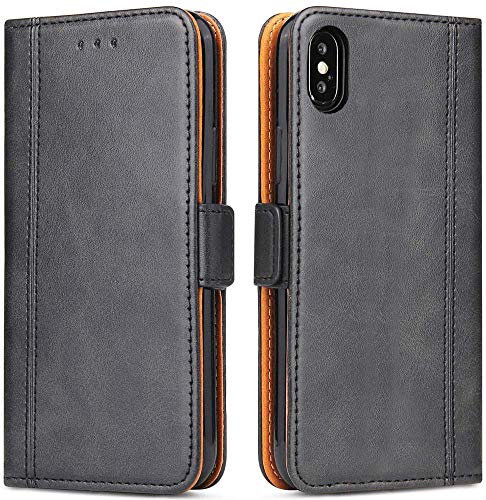 ROJIOJIO Handyhülle für iPhone X, iPhone XS Leder Handytasche Kartenfach Klappständer Magnetisch Lederhülle für iPhone X/iPhone XS Hülle, Schwarz