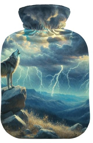 Wolf Thunderstorm Blue Hot Water Bottle with Soft Velvet Cover Hot Water Bag for Neck and Shoulder Pain Relief, 2 Liters