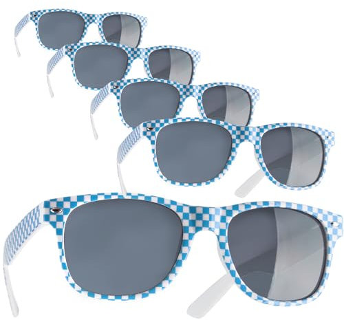 dressforfun retro Brille, Party Sonnenbrille, kariertes Gestell, für 90er Jahre Party, Oktoberfest, Ballermann Mottopartys, Fotobox Accessoires, Festival Gadget, JGA Zubehör - blau/weiß, 5er Set