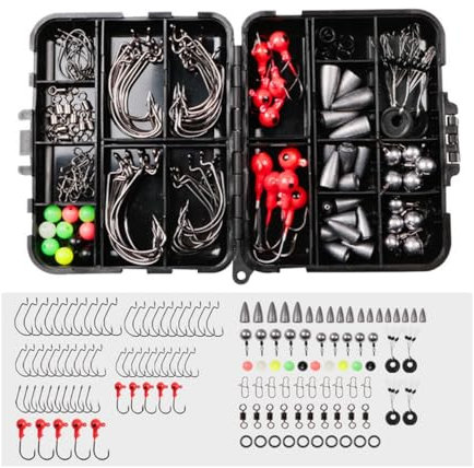 FOLANDO 148pcs Fishing Accessories Kit, Jig Hooks Bullet Bass Casting Weights Fishing Swivels Snaps Fishing Gear Set with Tackle Box