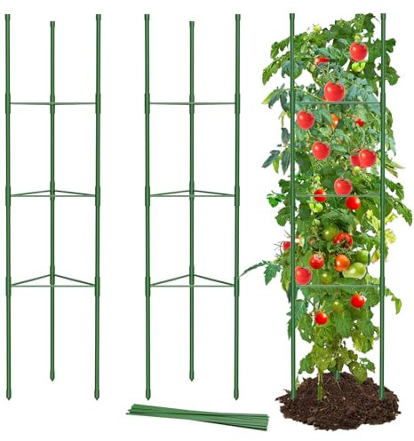 MYMULIKE Enrejado para Tomates de 130 cm, Enrejado de Metal, Jaula De Tomate con Altura Ajustable Soporte para Enredaderas, Tomates y pepinos libremente, para Crecer, DIY, Verde (3 Unidades)