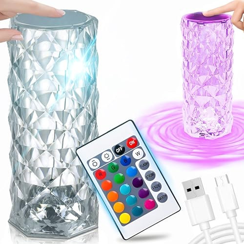 Retoo Tischlampe RGB aus Kristall mit USB C, Touch und Dimmbar, Fernbedienung, 4 Lichtmodi, Moderne Kreativität Acryl Diamant Nachttischlampe, RGB Farbwechsel Nachtlicht für Schlafzimmer, Wohnzimmer