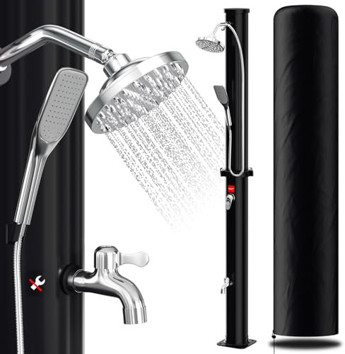 Herrselsam Douche solaire de jardin 20 l eau chaude max. 60 °C sans raccordement électrique Douche de piscine Camping avec douchette à pied et douchette à main Tête de douche à effet pluie pivotante