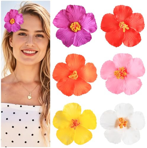 Ptwola 6 pinzas para el pelo con flores hawaianas, plumeria, hibisco, playa, diademas, clips artificiales para mujeres, niñas, bodas, vacaciones, fiestas en la playa