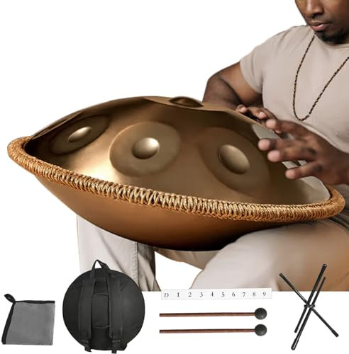 Handpan Instrument,9/10 Töne 22 Zoll Zungentrommel Stahltrommel in D-Moll Kurd 432/440 HZ mit weicher Tasche, Harmonic Percussion,Trommelständer für Sound Healing, Meditation (440hz, 10Töne)