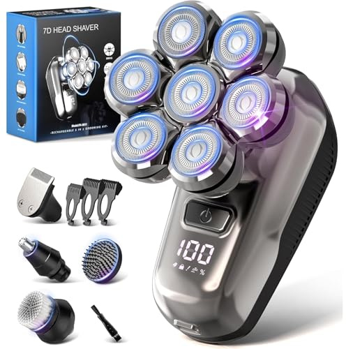 Afeitadora Cabeza Hombre, 2 Modos Magnético 7D Afeitadora Cabeza Barba, Maquina Afeitar Cabeza para Hombre Magnético, IPX7 Impermeable, para Uso en Seco y Húmedo, con Pantalla LED, USB-C Recargable
