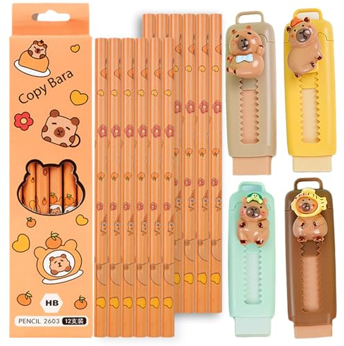 Capybara Schulsachen, Capybara Radiergummi Bleistifte Set, 4 Capybara Einziehbarer Radiergummi + 12 Capybara Stifte, Niedliche Kombination, für Schule, Büro,Capybara Motto Partygeschenke