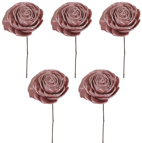 matches21 HOME & HOBBY Trockenblüten Rosen 5er Set Ø 6 cm Altrosa am Draht - Handgefertigte Holzblumen für Boho Deko